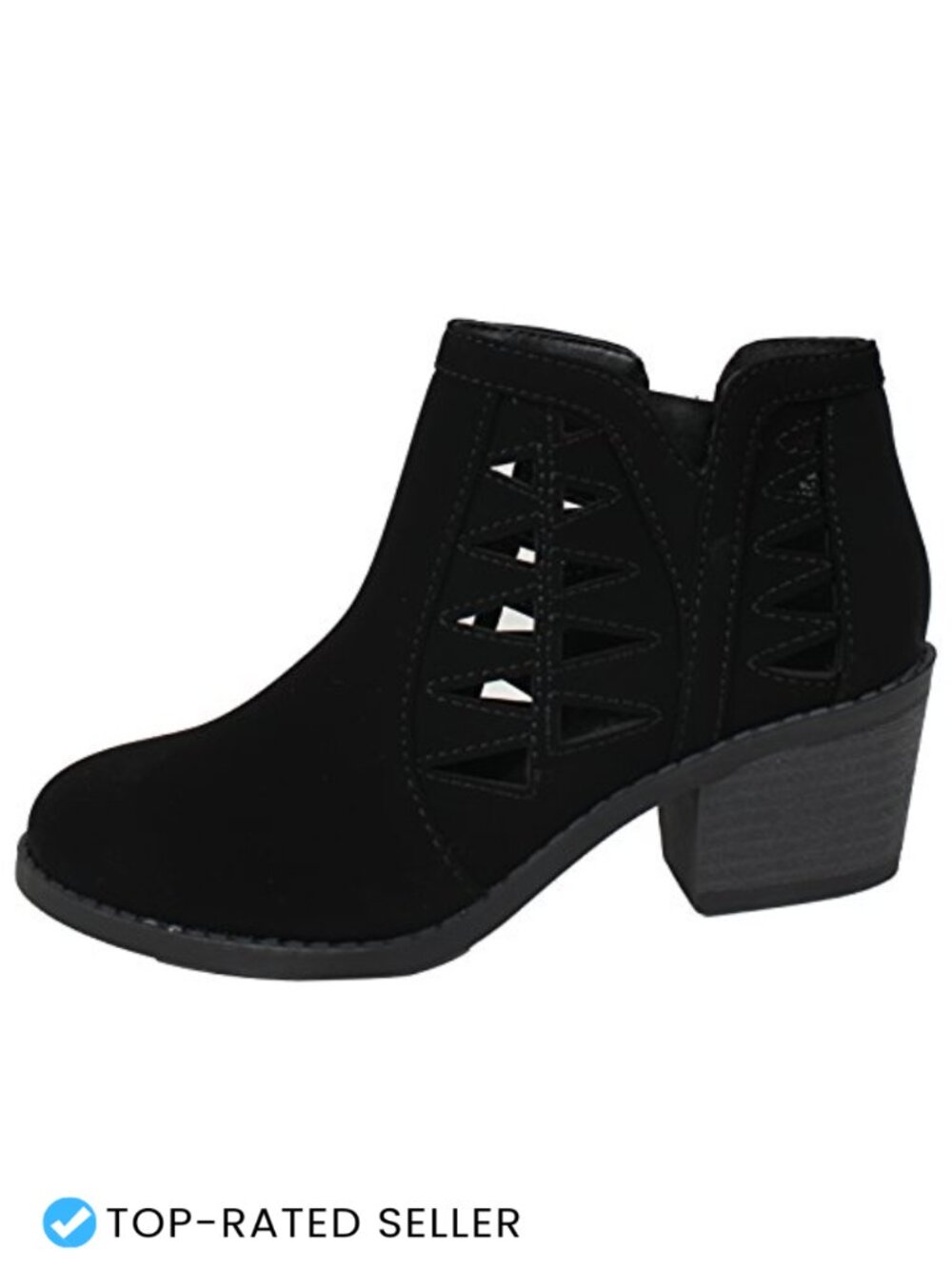 Girls Triangle Cutout Chunky Stacked Heel Ankle Boot Faux Leather